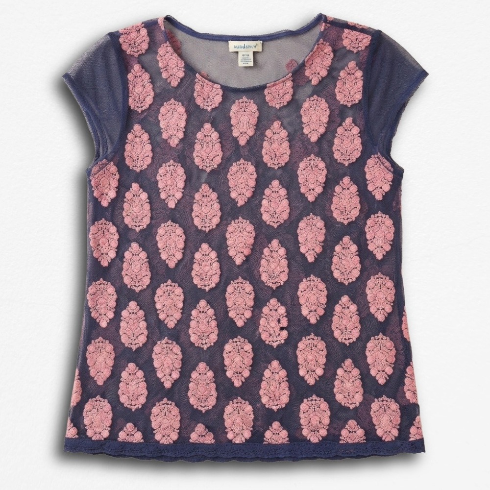 Sundance Women Blue Pink Mesh Embroidered Medallion Cap Sleeve Lace Trim Top S - Picture 1 of 6